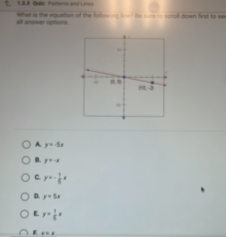 Quiiz Pattlems and Lines
What is the equation of the following line? Be sure to scroll down first to see
all answer options.
A y=-5x
B. y=-x
C. y=- 1/5 x
D. y=5x
E. y= 1/6 x
E v=x