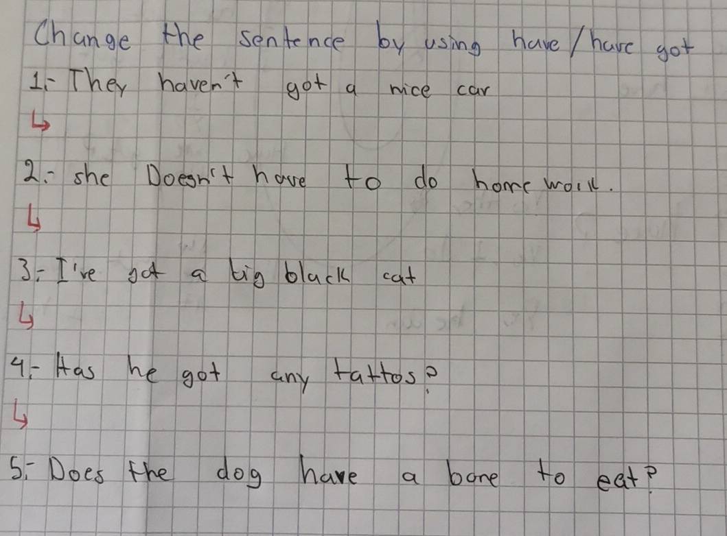 Change the sentence by using have / have got 
1They haven't got a nice car 
2: she Doesn't have to do home woill. 
L 
3: I've go a lig black cat 
L 
9: Has he got any tattos? 
L 
5; Does the dog have a bone to eat?