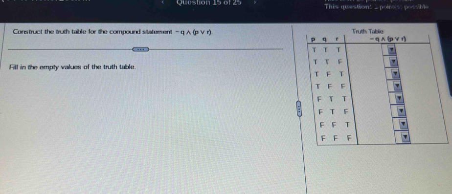 This question: _ point(s: possible
Construct the truth table for the compound statement sim qwedge (pvee r).
Fill in the empty values of the truth table.