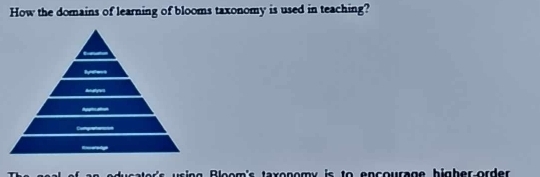 How the domains of learning of blooms taxonomy is used in teaching? 
aing Bloom's taxonomy is to encourage higher order .