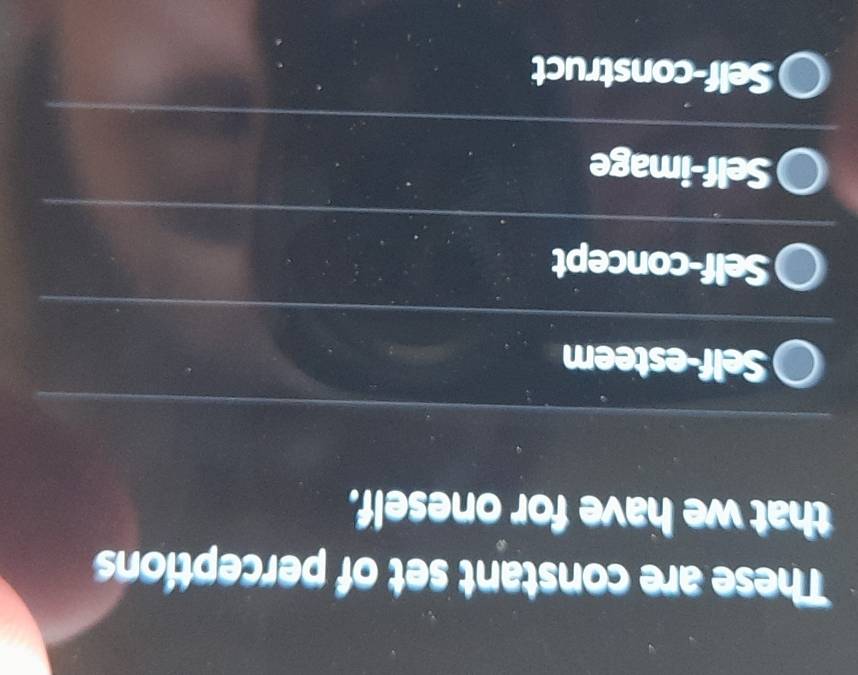 These are constant set of perceptions
that we have for oneself.
Self-esteem
Self-concept
Self-image
Selo -construct