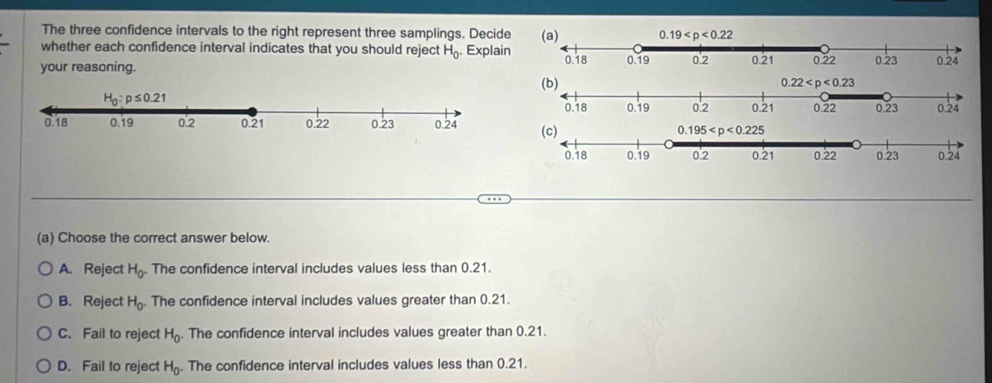 The three confidence intervals to the right represent three samplings. Decide
whether each confidence interval indicates that you should reject H_0. Explain
your reasoning. 
(a) Choose the correct answer below.
A. Reject H_0. The confidence interval includes values less than 0.21.
B. Reject H_0. The confidence interval includes values greater than 0.21.
C. Fail to reject H_0. The confidence interval includes values greater than 0.21.
D. Fail to reject H_0. The confidence interval includes values less than 0.21.