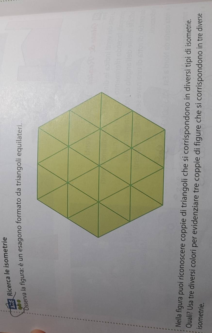 Lo Ricerca le isometrie 
abe 
Osserva la figura: è un esagono formato da triangolí equilateri. 
Nella figura puoi riconoscere coppie di triangoli che si corrispondono in diversi tipi di isometrie. 
Quali? Usa tre diversi colori per evidenziare tre coppie di figure che si corrispondono in tre diverse 
isometrie.