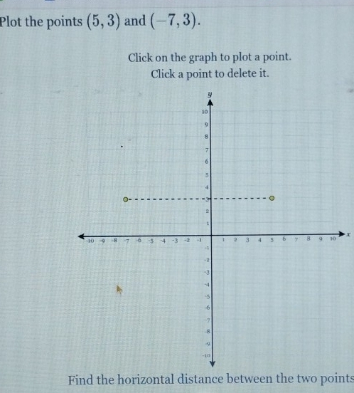 Plot the points (5,3) and (-7,3). 
Click on the graph to plot a point. 
Click a point to delete it.
x
Find the horizontal distance between the two points