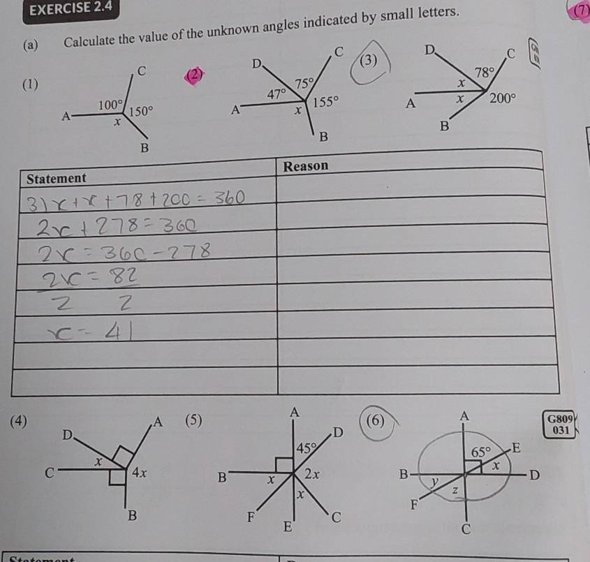 Calculate the value of the unknown angles indicated by small letters.
(7)
(3)
(2)
(1) 
 
Statement Reason
(4)(5)(6G809
031