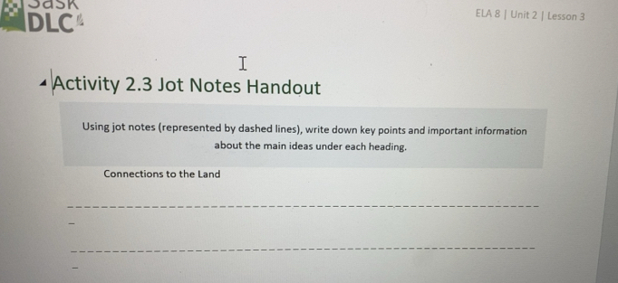 Solved: Jask ELA 8 | Unit 2 | Lesson 3 DLC Activity 2.3 Jot Notes ...