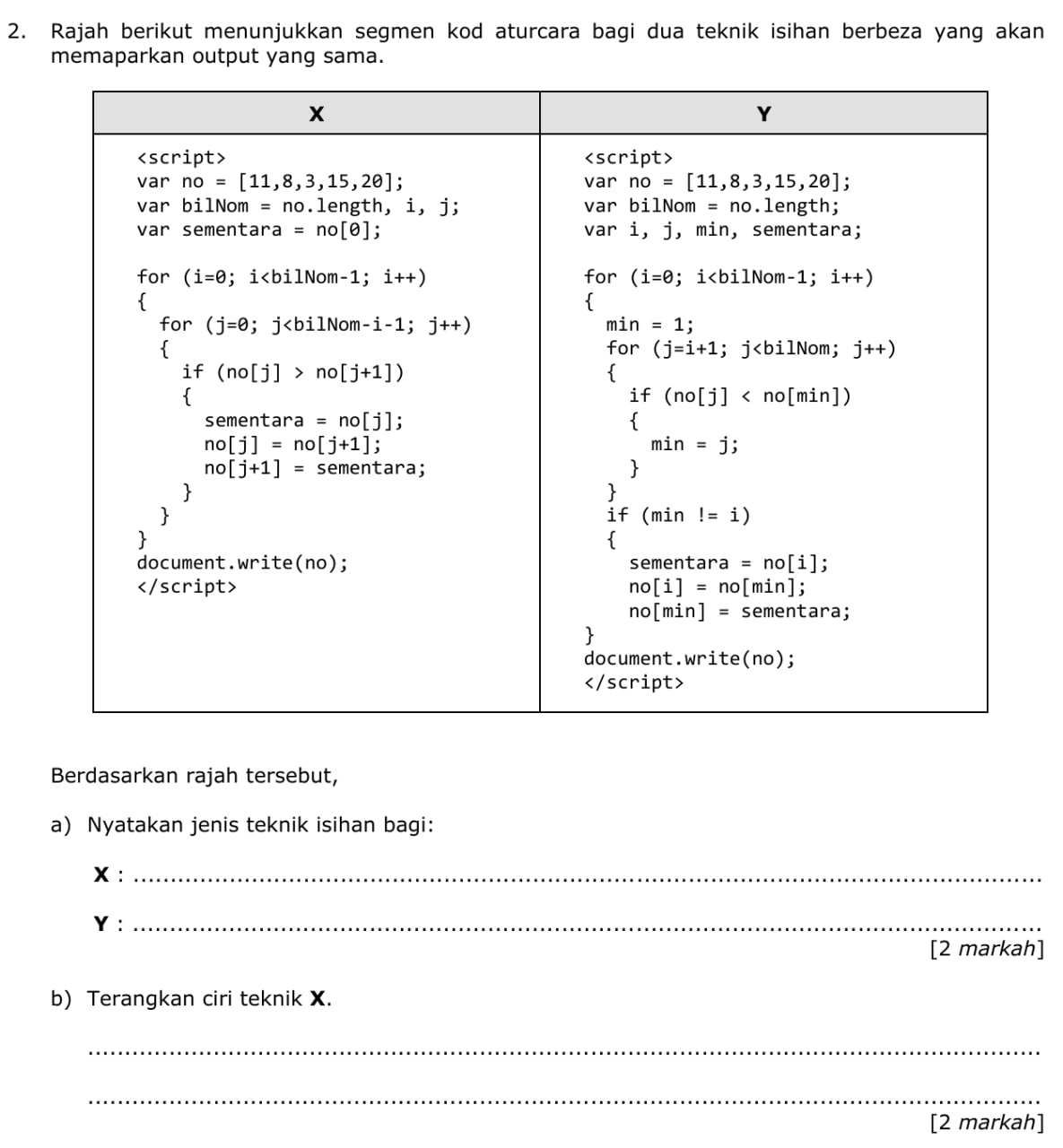 Rajah berikut menunjukkan segmen kod aturcara bagi dua teknik isihan berbeza yang akan
memaparkan output yang sama.
Berdasarkan rajah tersebut,
a) Nyatakan jenis teknik isihan bagi:
X:_
Y :_
[2 markah]
b) Terangkan ciri teknik X.
_
_
[2 markah]