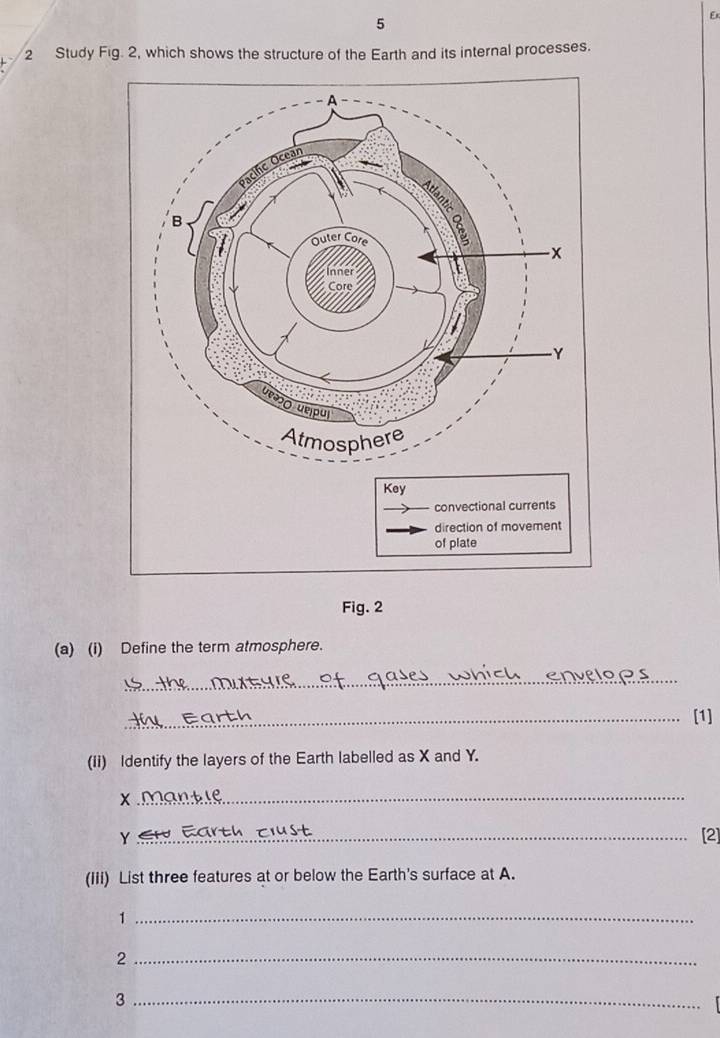 Ex 
2 Study Fig. 2, which shows the structure of the Earth and its internal processes. 
Key 
convectional currents 
direction of movement 
of plate 
Fig. 2 
(a) (i) Define the term atmosphere. 
_ 
_[1] 
(Ii) Identify the layers of the Earth labelled as X and Y. 
_X 
Y _[2] 
(Iii) List three features at or below the Earth's surface at A. 
_1 
_2 
_3