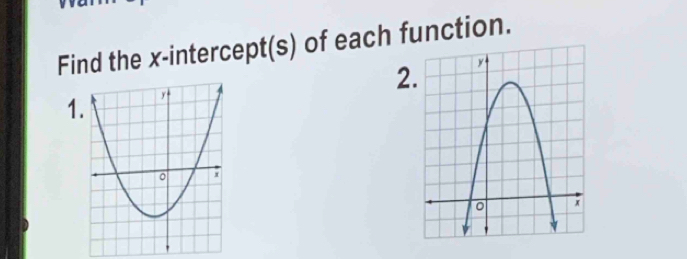 Find the x-intercept(s) of each function. 
2 
1