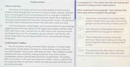 Pueblo Pottery In paragraphs 4-7, the author diescribes the step-by-step 
Peces of the Past process of crafting amcient Puebilo pottery. 
1 Discoveries of remnants of Americas Indian pottery in North America Which statement from paragraph 1 best indicates that 
provide a fascinating glimpse into the rich history of Native cultures. Over the " 
years, archaeoilogists have found potsherds from as long ago as 30,000 B.C these steps will be included in the passage? 
These broken bits of pottery prove that American indians were making and 
using clay vessels long belfore they were leaving written records. The potsherds 1. “Discoveries of remnants of Amerlican Indian 
also offer clues to how early American Indian pots were made and used. pottery in North America provide a fascinating 
2 In the souchwestern United States, some ancient potsherds have markingts glimpse into the rich history of Nabive cultures." 
sugresting that American indians of that region wove baskets and then lined 2. "Over the years, archaeologists have found 
them with mud or clay. They put corm or oither foods in the clay lined vessels potsherds from as long ago as 30,000 B.C." 
and heated them over fire, probably to dry the contents. Over the fire, the 
durable pot woven basket fibers bumed away and the mud or clay hardened, leaving a 3. "These broken bits of pottery prove that 
American Indians were making and using clay 
Continuing the Tradition vessels long before they were leaving written 
3 The art of pottery making continiaes today in pueblos, or Puebio indian records." 
communities, in New Mexaco and Arizona. Some of these communities can 
trace their peoples' history back 2,000 years or more. Their traditions include 4. "The potsherds also offer clues to how early 
methods and styles of pottery making exactly like those of the earliest American Indian pots were made and used." 
southwestern potters, passed down generation to generation. The pottery, 
with its connection to the past and its place in modern culture, is admired for 
art and functionality. the unique quallities of each piece and for the way each plece embodies both