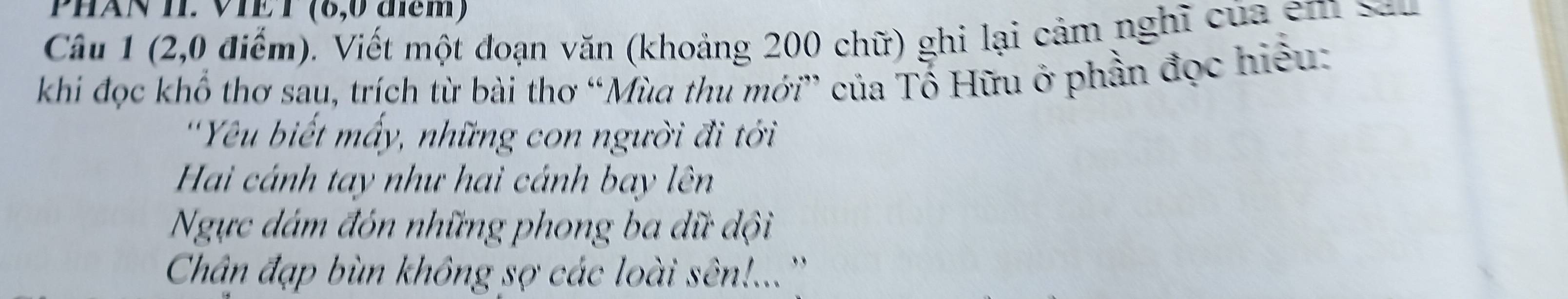 PHAN H. VIE T (6,0 đểm) 
Câu 1 (2,0 điểm). Viết một đoạn văn (khoảng 200 chữ) ghi lại cảm nghĩ của em sau 
khi đọc khổ thơ sau, trích từ bài thơ “Mùa thu mới” của Tổ Hữu ở phần đọc hiệu: 
''Yêu biết mấy, những con người đi tới 
Hai cánh tay như hai cánh bay lên 
Ngực dám đón những phong ba dữ đội 
Chân đạp bùn không sợ các loài sên!...''