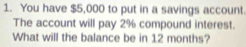 You have $5,000 to put in a savings account. 
The account will pay 2% compound interest. 
What will the balance be in 12 months?