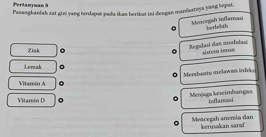 Pertanyaan 8
Pasangkanlah zat gizi yang terdapat pada ikan berikut ini dengan manfaatnya yang tepat.
Mencegah inflamasi
berlebih
Regulasi dan modulasi
Zink 。
sistem imun
Lemak
Membantu melawan infeks
Vìtamin A
Menjaga keseimbangan
Vitamin D inflamasi
Mencegah anemia dan
kerusakan saraf