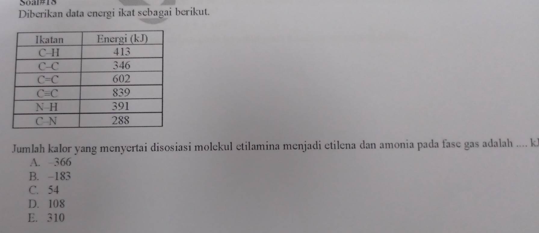 Soal#18
Diberikan data energi ikat sebagai berikut.
Jumlah kalor yang menyertai disosiasi molekul etilamina menjadi etilena dan amonia pada fase gas adalah .... k.
A. −366
B. -183
C. 54
D. 108
E. 310