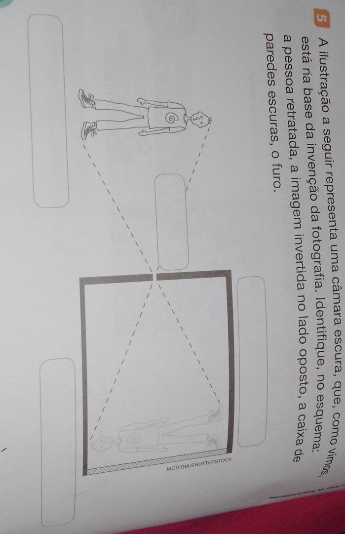 A ilustração a seguir representa uma câmara escura, que, como vimos, 
está na base da invenção da fotografia. Identifique, no esquema: 
a pessoa retratada, a imagem invertida no lado oposto, a caixa de 
paredes escuras, o furo.