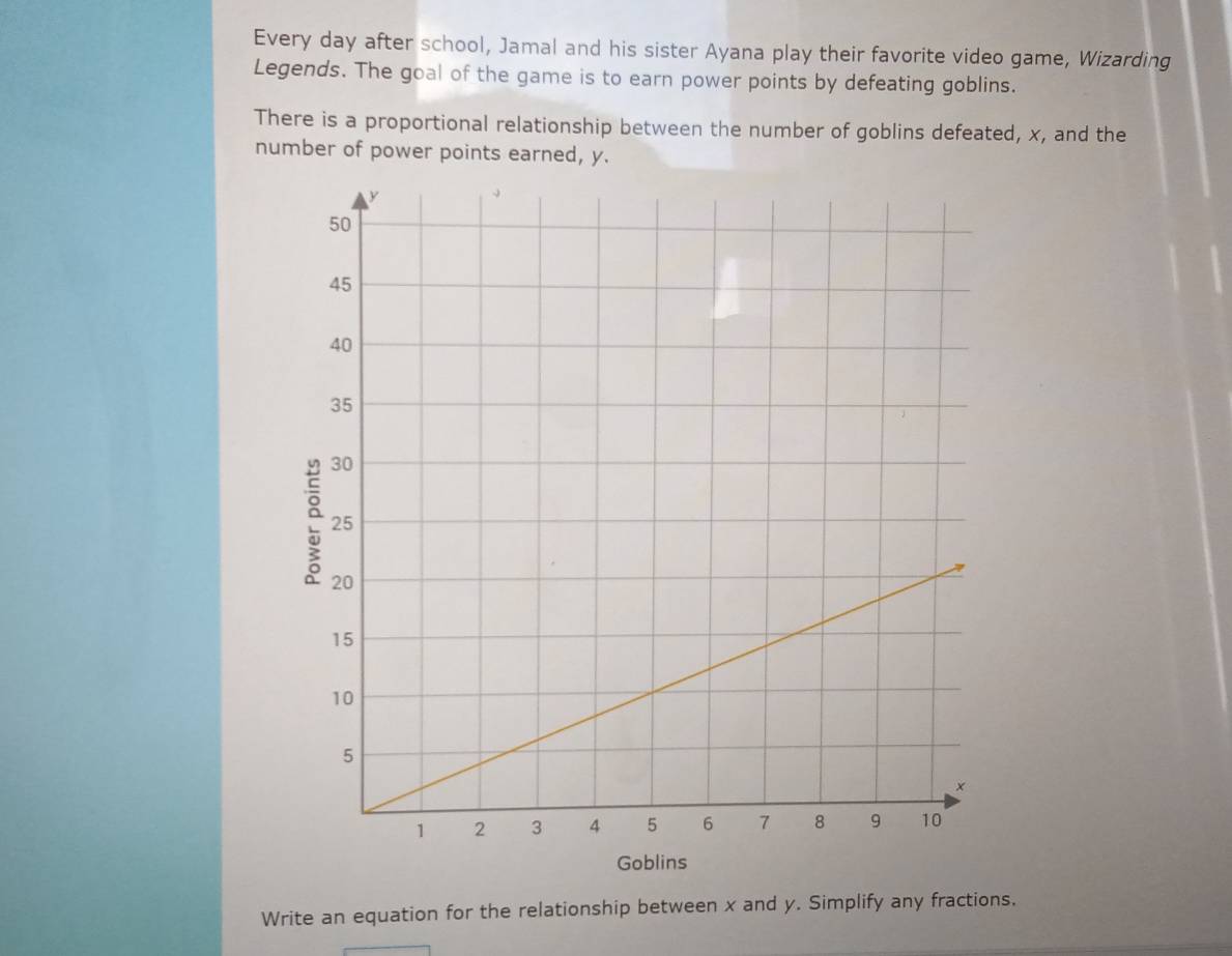 Every day after school, Jamal and his sister Ayana play their favorite video game, Wizarding 
Legends. The goal of the game is to earn power points by defeating goblins. 
There is a proportional relationship between the number of goblins defeated, x, and the 
number of power points earned, y. 
Goblins 
Write an equation for the relationship between x and y. Simplify any fractions,