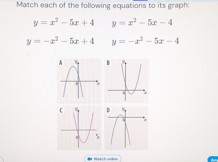 Match each of the following equations to its graph:
y=x^2-5x+4 y=x^2-5x-4
y=-x^2-5x+4 y=-x^2-5x-4
* Watch video 
Ans