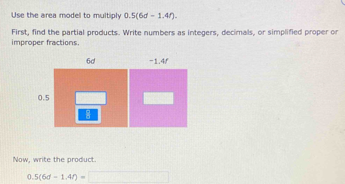 Use the area model to multiply 0.5(6d-1.4f).
First, find the partial products. Write numbers as integers, decimals, or simplified proper or
improper fractions.
Now, write the product.
0.5(6d-1.4f)=□