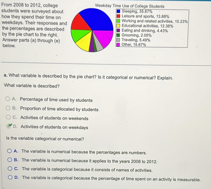 From 2008 to 2012, college Weekday Time Use of College Students
students were surveyed about Sleeping, 35.87%
Leisure and sports, 13.88%
how they spend their time on Working and related activities, 10.23%
weekdays. Their responses and Educational activities, 12.38%
the percentages are described Eating and drinking, 4.43%
by the pie chart to the right. Grooming, 2.05%
Answer parts (a) through (e) Traveling, 5.49%
below. Other, 15.67%
a. What variable is described by the pie chart? Is it categorical or numerical? Explain.
What variable is described?
A. Percentage of time used by students
B. Proportion of time allocated by students
C. Activities of students on weekends
D. Activities of students on weekdays
Is the variable categorical or numerical?
A. The variable is numerical because the percentages are numbers.
B. The variable is numerical because it applies to the years 2008 to 2012.
C. The variable is categorical because it consists of names of activities.
D. The variable is categorical because the percentage of time spent on an activity is measurable.