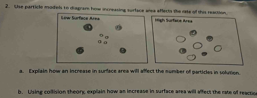 Use particle models to diagram how increasing surface area affects the rate of this reaction. 
Low Surface Area High Surface Area 
a. Explain how an increase in surface area will affect the number of particles in solution. 
b. Using collision theory, explain how an increase in surface area will affect the rate of reaction