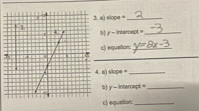 slopa =_ 
b) y - intercept =_ 
c) equation:_ 
- 
. a) slope =_ 
b) y - intercept =_ 
c) equation:_