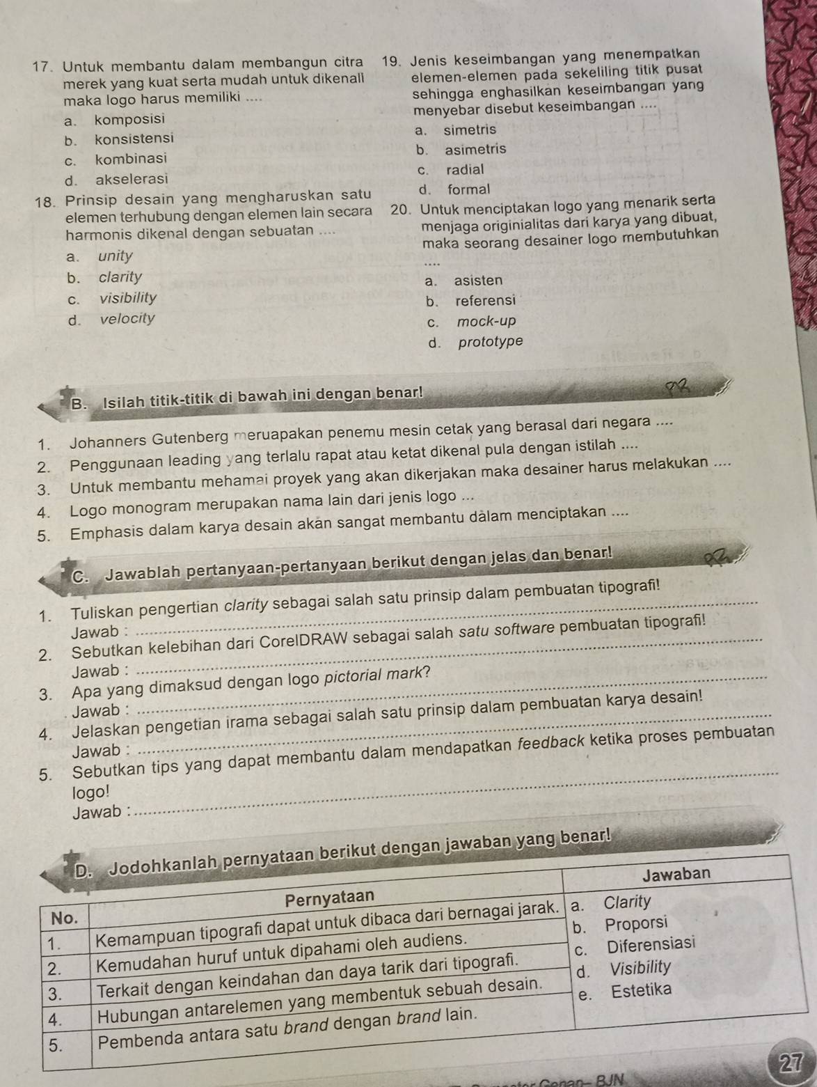 Untuk membantu dalam membangun citra 19. Jenis keseimbangan yang menempatkan
merek yang kuat serta mudah untuk dikenall elemen-elemen pada sekeliling titik pusat
maka logo harus memiliki .... sehingga enghasilkan keseimbangan yang
a. komposisi menyebar disebut keseimbangan ....
b. konsistensi a. simetris
b. asimetris
c. kombinasi
d. akselerasi c. radial
18. Prinsip desain yang mengharuskan satu d. formal
elemen terhubung dengan elemen lain secara 20. Untuk menciptakan logo yang menarik serta
harmonis dikenal dengan sebuatan .... menjaga originialitas dari karya yang dibuat,
a. unity maka seorang desainer logo membutuhkan
b. clarity
a. asisten
c. visibility b. referensi
d. velocity c. mock-up
d. prototype
B. Isilah titik-titik di bawah ini dengan benar!
M
1. Johanners Gutenberg meruapakan penemu mesin cetak yang berasal dari negara ....
2. Penggunaan leading yang terlalu rapat atau ketat dikenal pula dengan istilah ....
3. Untuk membantu mehamai proyek yang akan dikerjakan maka desainer harus melakukan ....
4. Logo monogram merupakan nama lain dari jenis logo ...
5. Emphasis dalam karya desain akan sangat membantu dàlam menciptakan ....
C. Jawablah pertanyaan-pertanyaan berikut dengan jelas dan benar!
1. Tuliskan pengertian clarity sebagai salah satu prinsip dalam pembuatan tipografi!
Jawab :
2. Sebutkan kelebihan dari CorelDRAW sebagai salah satu software pembuatan tipografi!
Jawab :
3. Apa yang dimaksud dengan logo pictorial mark?
Jawab :
4. Jelaskan pengetian irama sebagai salah satu prinsip dalam pembuatan karya desain!
Jawab :
5. Sebutkan tips yang dapat membantu dalam mendapatkan feedback ketika proses pembuatan
logo!
Jawab :
_
ngan jawaban yang benar!
Genan - BJN