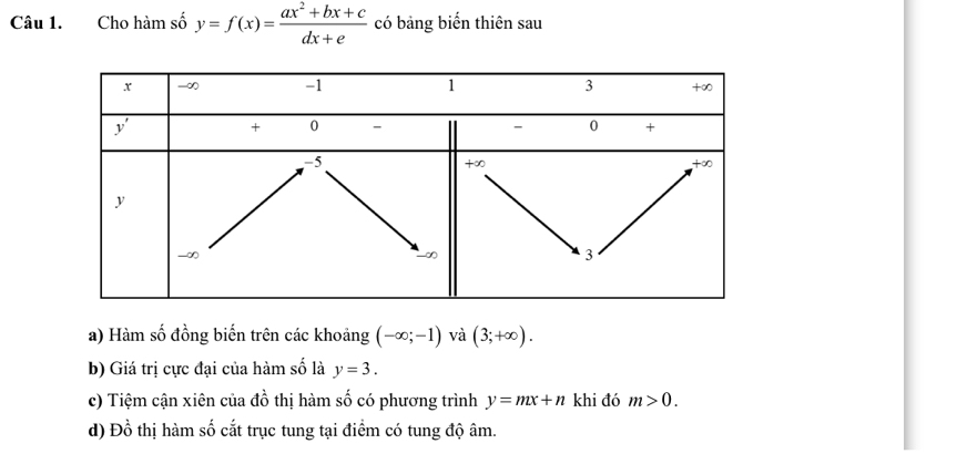 Cho hàm số y=f(x)= (ax^2+bx+c)/dx+e  có bảng biến thiên sau 
a) Hàm số đồng biến trên các khoảng (-∈fty ;-1) và (3;+∈fty ). 
b) Giá trị cực đại của hàm số là y=3. 
c) Tiệm cận xiên của đồ thị hàm số có phương trình y=mx+n khi đó m>0. 
d) Đồ thị hàm số cắt trục tung tại điểm có tung độ âm.