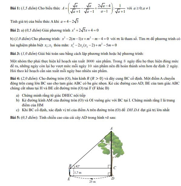 (1,5 điểm) Cho biểu thức A=( sqrt(a)/sqrt(a)+1 - sqrt(a)/sqrt(a)-1 + (2sqrt(a)-4)/a-1 ): 1/sqrt(a)+1  với a≥ 0;a!= 1
Tính giá trị của biểu thức A khi a=4-2sqrt(3)
Bài 2: a) (0,5 điểm) Giải phương trình x^2+2sqrt(5)x+4=0
b) (1,0 điểm) Cho phương trình: x^2-2(m-1)x+m^2-m-4=0 với m là tham số. Tìm m để phương trình có
hai nghiệm phân biệt x_1;x_2 thỏa mãn: x_1^(2-2x_2)(x_2-2)+m^2-5m=0
Bài 3: (1,0 điểm) Giải bài toán sau bằng cách lập phương trình hoặc hệ phương trình:
Một nhóm thợ phải thực hiện kể hoạch sản xuất 3000 sản phẩm. Trong 8 ngày đầu họ thực hiện đúng mức
để ra, những ngày còn lại họ vượt mức mỗi ngày 10 sản phầm nên đã hoàn thành sớm hơn dự định 2 ngày.
Hỏi theo kế hoạch cần sản xuất mỗi ngày bao nhiêu sản phẩm.
Bài 4: (2,0 điểm): Cho đường tròn (O), bán kính R(R>0) và dây cung BC cố định. Một điểm A chuyển
động trên cung lớn BC sao cho tam giác ABC có ba góc nhọn. Kẻ các đường cao AD; BE của tam giác ABC
chúng cắt nhau tại H và BE cắt đường tròn (O) tại F (F khác B)
a) Chứng minh rằng tứ giác DHEC nội tiếp
b) Kẻ đường kính AM của đường tròn (O) và OI vuông góc với BC tại I. Chứng minh rằng I là trung
điểm của HM
c) Khi BC cố định, xác định vị trí của điểm A trên đường tròn (O) đễ DH.D.A đạt giá trị lớn nhất
Bài 5: (0,5 điểm): Tính chiều cao của cái cây AD trong hình vẽ sau: