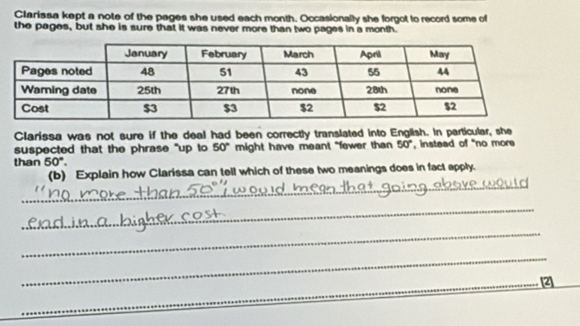 Clarissa kept a note of the pages she used each month. Occasionally she forgot to record some of 
the pages, but she is sure that it was never more than two pages in a month. 
Clarissa was not sure if the deal had been correctly translated into English. In particular, she 
suspected that the phrase "up to 50° might have meant "fewer than 50° , instead of "no more 
than 50°
_ 
(b) Explain how Clarissa can tell which of these two meanings does in fact apply. 
_ 
_ 
_ 
_2