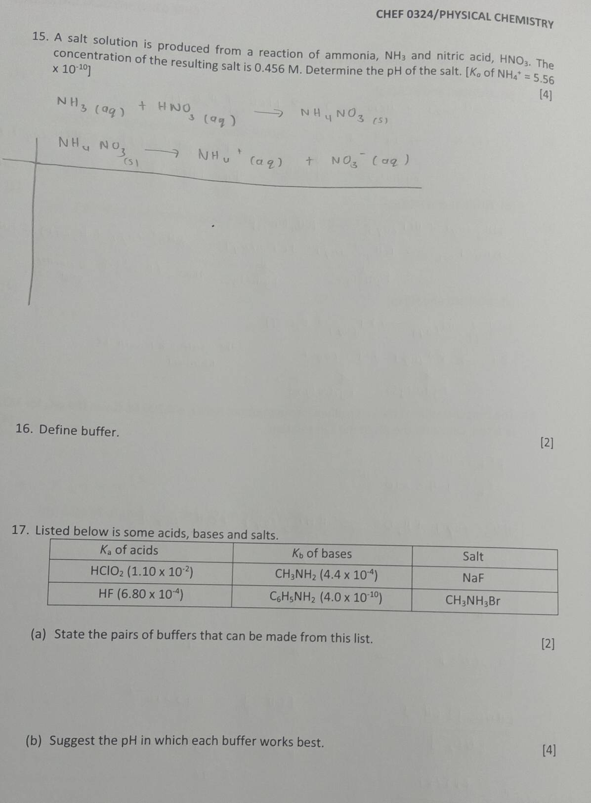 CHEF 0324/PHYSICAL CHEMISTRY
15. A salt solution is produced from a reaction of ammonia, NH_3 and nitric acid, HNO_3. The
concentration of the resulting salt is 0.456 M. Determine the pH of the salt. [K_a of NH_4^(+=5.56
* 10^-10)]
[4]
16. Define buffer.
[2]
17. Listed below is some acids, bases and sa
(a) State the pairs of buffers that can be made from this list.
[2]
(b) Suggest the pH in which each buffer works best. [4]