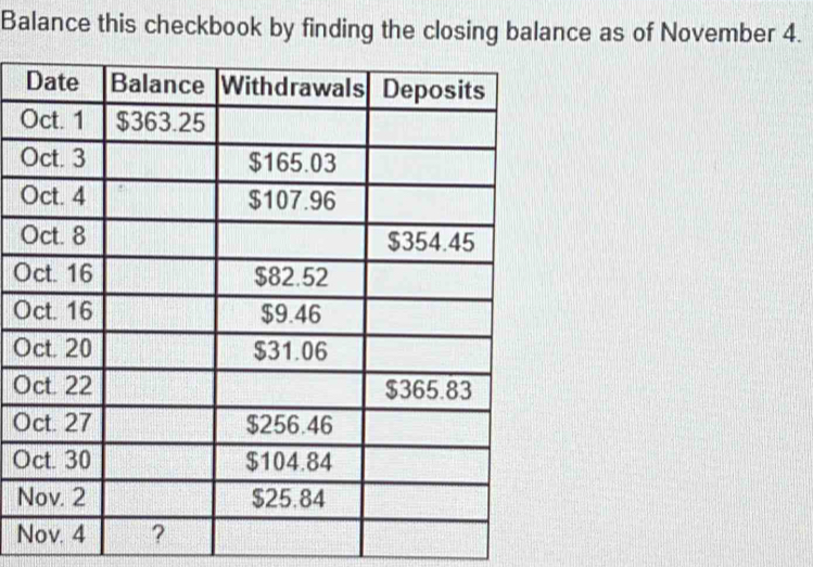 Balance this checkbook by finding the closing balance as of November 4. 
O 
O 
O 
O 
O 
O 
O 
O 
O 
O 
N 
N