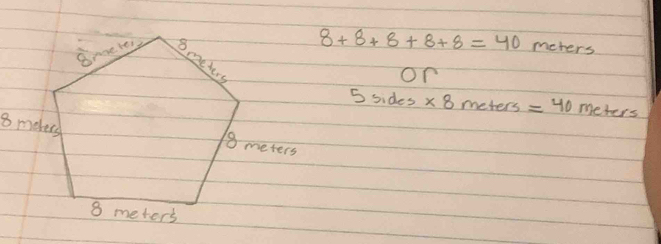 8+8+8+8+8=40
meters
on
5sides* 8meters=40 meters