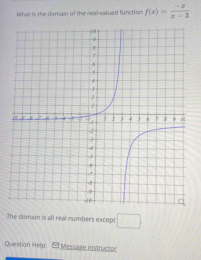 What is the domain of the real-valued function f(x)= (-x)/x-3 
The domain is all real numbers except □ . 
Question Help: Message instructor