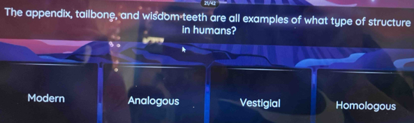 21/42
The appendix, tailbone, and wisdom-teeth are all examples of what type of structure
in humans?
Modern Analogous Vestigial Homologous