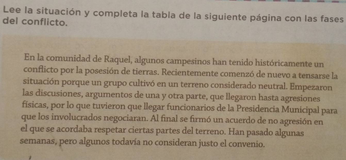 Lee la situación y completa la tabla de la siguiente página con las fases 
del conflicto. 
En la comunidad de Raquel, algunos campesinos han tenido históricamente un 
conflicto por la posesión de tierras. Recientemente comenzó de nuevo a tensarse la 
situación porque un grupo cultivó en un terreno considerado neutral. Empezaron 
las discusiones, argumentos de una y otra parte, que llegaron hasta agresiones 
físicas, por lo que tuvieron que llegar funcionarios de la Presidencia Municipal para 
que los involucrados negociaran. Al final se firmó un acuerdo de no agresión en 
el que se acordaba respetar ciertas partes del terreno. Han pasado algunas 
semanas, pero algunos todavía no consideran justo el convenio.