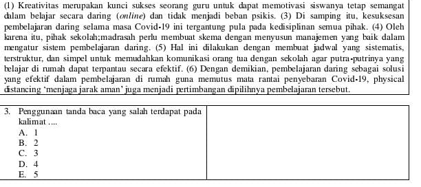 (1) Kreativitas merupakan kunci sukses seorang guru untuk dapat memotivasi siswanya tetap semangat 
dalam belajar secara daring (online) dan tidak menjadi beban psikis. (3) Di samping itu, kesuksesan 
pembelajaran daring selama masa Covid-19 ini tergantung pula pada kedisiplinan semua pihak. (4) Oleh 
karena itu, pihak sekolah;madrasah perlu membuat skema dengan menyusun manajemen yang baik dalam 
mengatur sistem pembelajaran daring. (5) Hal ini dilakukan dengan membuat jadwal yang sistematis, 
terstruktur, dan simpel untuk memudahkan komunikasi orang tua dengan sekolah agar putra-putrinya yang 
belajar di rumah dapat terpantau secara efektif. (6) Dengan demikian, pembelajaran daring sebagai solusi 
yang efektif dalam pembelajaran di rumah guna memutus mata rantai penyebaran Covid-19, physical 
distancing ‘menjaga jarak aman’ juga menjadi pertimbangan dipilihnya pembelajaran tersebut.