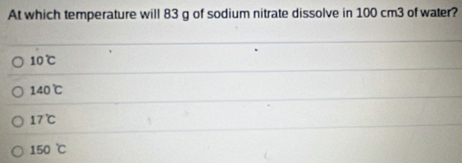 At which temperature will 83 g of sodium nitrate dissolve in 100 cm3 of water?
10°C
140°C
17°C
150°C