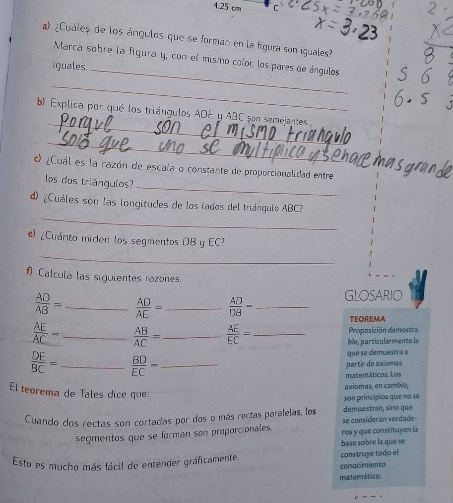 4. 25 cm C
a) ¿Cuáles de los ángulos que se forman en la figura son iguales? 
_ 
Marca sobre la figura y, con el mismo color, los pares de ángulos 
iguales. 
_ 
_ 
b) Explica por qué los triángulos ADE y ABC son semejantes. 
_ 
c) ¿Cuál es la razón de escala o constante de proporcionalidad entre 
_ 
los dos triángulos? 
_ 
d) ¿Cuáles son las longitudes de los lados del triángulo ABC? 
e) ¿Cuánto miden los segmentos DB y EC? 
_ 
f) Calcula las siguientes razones. 
_  AD/AB =
_  AD/AE =
 AD/DB = _ 
GLOSARIO 
teorema 
_  AE/AC =
_  AB/AC =
_  AE/EC =
Proposición demostra- 
ble, particularmente la 
_  DE/BC =
 BD/EC = _ 
que se demuestra a 
partir de axiomas 
matemáticos. Los 
axiomas, en cambio, 
El teorema de Tales dice que: 
son principios que no se 
Cuando dos rectas son cortadas por dos o más rectas paralelas, los demuestran, sino que 
se consideran verdade- 
segmentos que se forman son proporcionales. ros y que constituyen la 
base sobre la que se 
Esto es mucho más fácil de entender gráficamente. construye todo el 
conocimiento 
matemático.