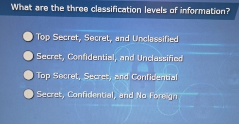 What are the three classification levels of information?
Top Secret, Secret, and Unclassified
Secret, Confidential, and Unclassified
Top Secret, Secret, and Confidential
Secret, Confidential, and No Foreign