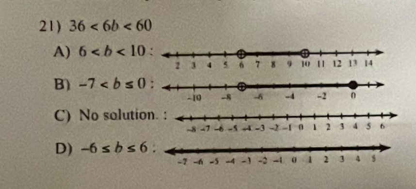 36<6b<60
A) 6
B) -7
C) No solution
D) -6≤ b≤ 6