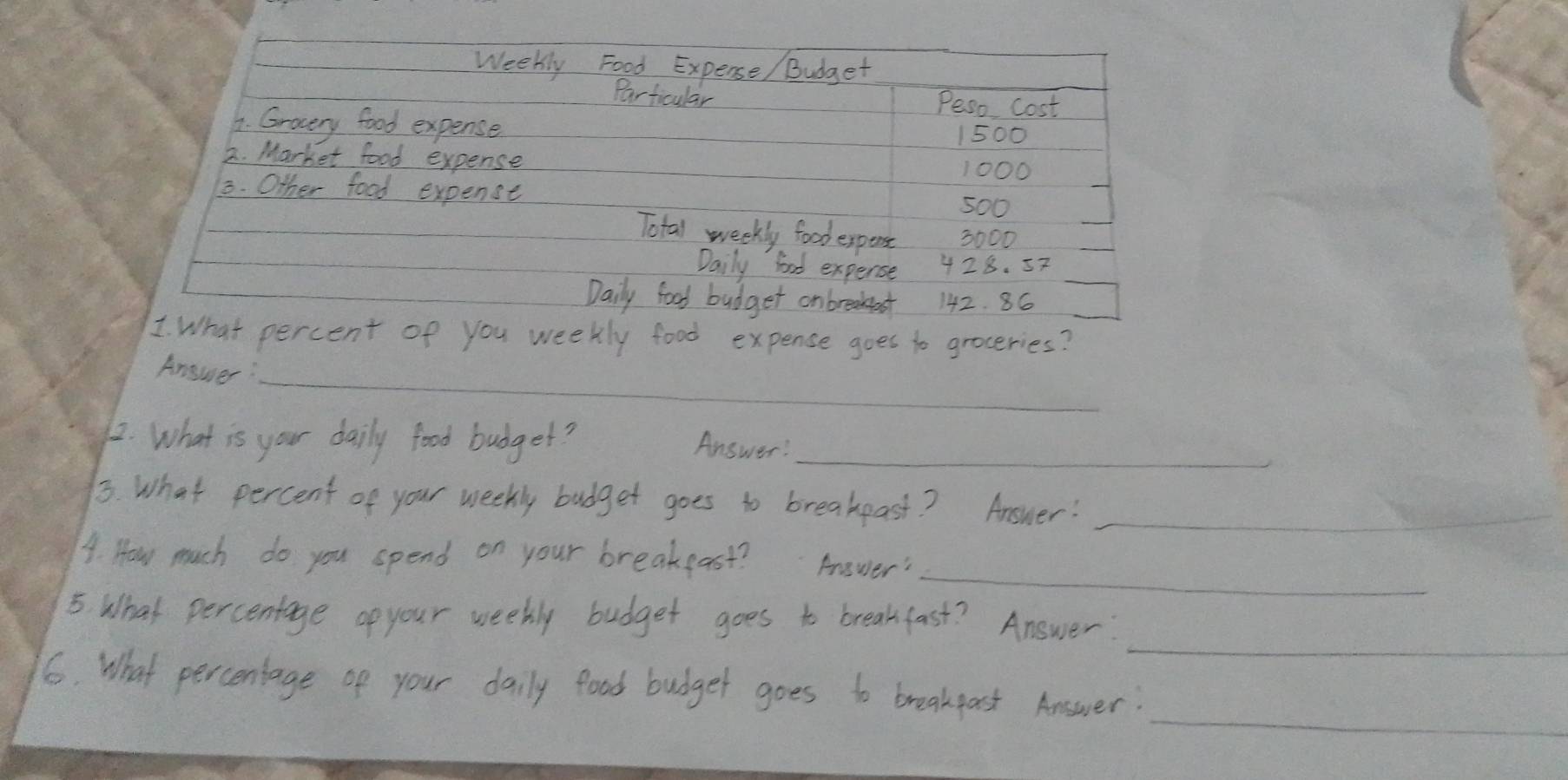 rcent of you weekly food expense goes to groceries? 
_ 
_ 
Angwer: 
12. What is your daily food budget? Answer:_ 
3. What percent of your weekly budget goes to breakpast? Answer:_ 
_ 
4. How much do you spend on your breakeast? Anower' 
_ 
5 What percentage opyour weekly budget goes to breakfast? Answer 
_ 
6. What percentage of your daily food budger goes to breakfast Answer: