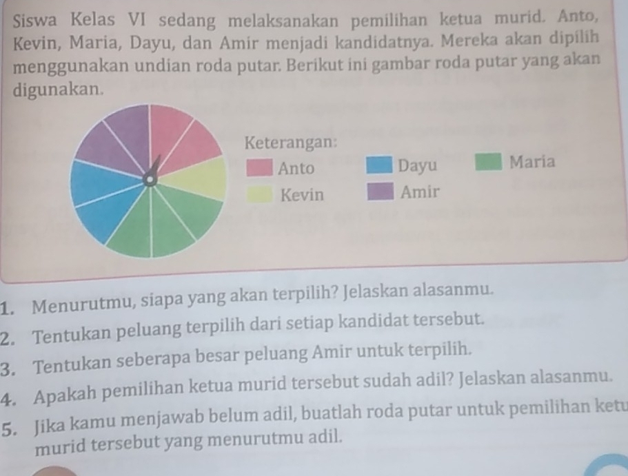 Siswa Kelas VI sedang melaksanakan pemilihan ketua murid. Anto, 
Kevin, Maria, Dayu, dan Amir menjadi kandidatnya. Mereka akan dipilih 
menggunakan undian roda putar. Berikut ini gambar roda putar yang akan 
digunakan. 
Keterangan: 
Anto Dayu Maria 
Kevin Amir 
1. Menurutmu, siapa yang akan terpilih? Jelaskan alasanmu. 
2. Tentukan peluang terpilih dari setiap kandidat tersebut. 
3. Tentukan seberapa besar peluang Amir untuk terpilih. 
4. Apakah pemilihan ketua murid tersebut sudah adil? Jelaskan alasanmu. 
5. Jika kamu menjawab belum adil, buatlah roda putar untuk pemilihan ketu 
murid tersebut yang menurutmu adil.