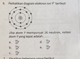 Perhatikan diagram elektron ion y^2 berikut!
Jika atom Y mempunyai 16 neutron, notasi
atom Y yang tepat adalah . . . .
a.  16/16 y d. _(18)^(32)y
b.  32/16 y e. beginarrayr 18y 32endarray
C. beginarrayr 16 18endarray y
Dicaiikan boberana unrur berikut