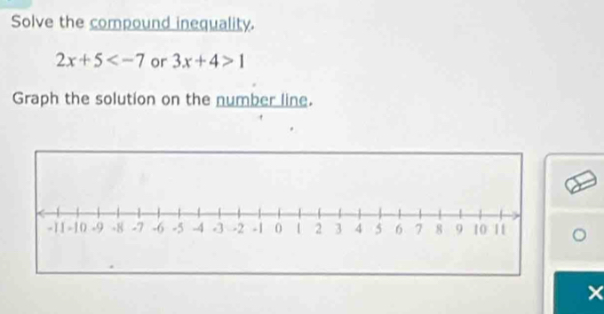 Solve the compound inequality.
2x+5 or 3x+4>1
Graph the solution on the number line. 
×