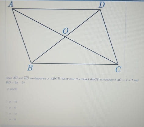 and
(1 point)
x=12
x=6
x-15
x=2