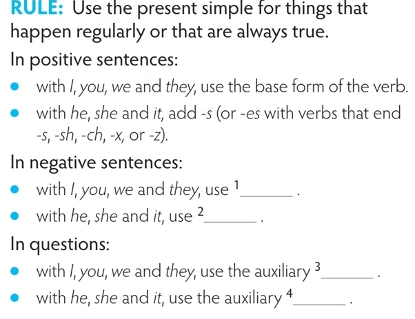 RULE: Use the present simple for things that 
happen regularly or that are always true. 
In positive sentences: 
with I, you, we and they, use the base form of the verb. 
with he, she and it, add -s (or -es with verbs that end 
-s, -sh, -ch, -x, or -z). 
In negative sentences: 
with I, you, we and they, use 1 _ · 
with he, she and it, use ?_ · 
In questions: 
with I, you, we and they, use the auxiliary 3_ . 
with he, she and it, use the auxiliary 4_