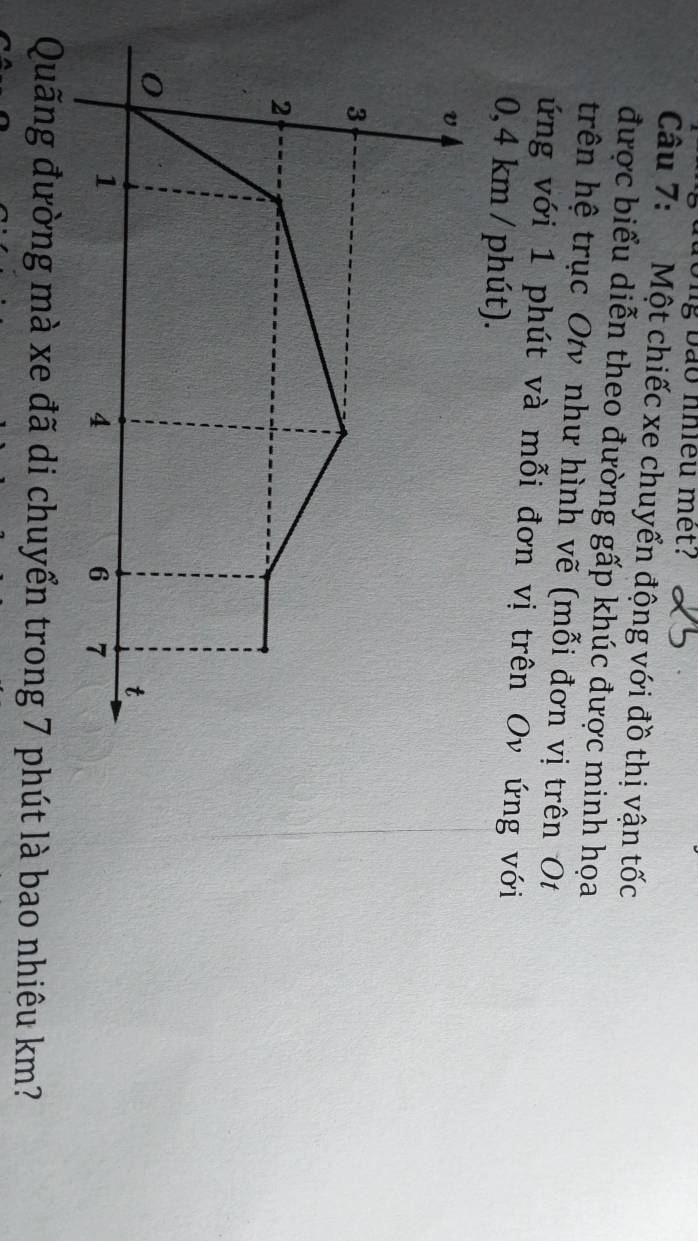 rong bảo nhiều met? 
Câu 7: Một chiếc xe chuyển động với đồ thị vận tốc 
được biểu diễn theo đường gấp khúc được minh họa 
trên hệ trục Otv như hình vẽ (mỗi đơn vị trên Ot 
ứng với 1 phút và mỗi đơn vị trên Ov ứng với
0,4 km / phút). 
Quãng đường mà xe đã di chuyển trong 7 phút là bao nhiêu km?