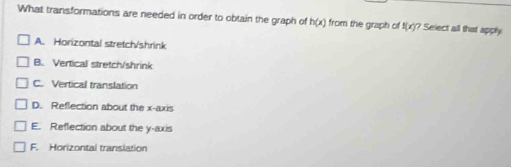 What transformations are needed in order to obtain the graph of h(x) from the graph of f(x) ? Select all that apply
A. Horizontal stretch/shrink
B. Vertical stretch/shrink
C. Vertical translation
D. Reflection about the x-axis
E. Reflection about the y-axis
F. Horizontal translation