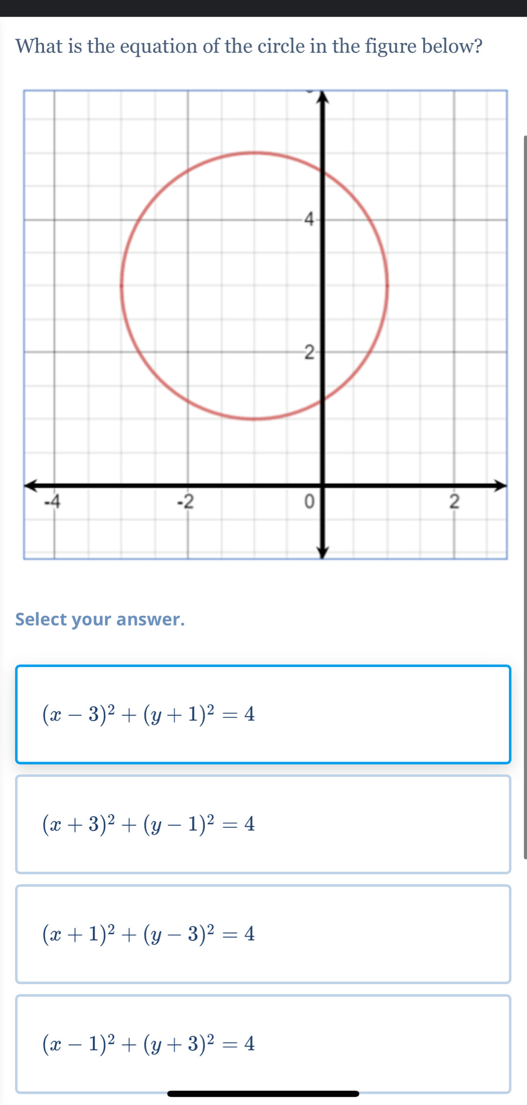 What is the equation of the circle in the figure below?
Select your answer.
(x-3)^2+(y+1)^2=4
(x+3)^2+(y-1)^2=4
(x+1)^2+(y-3)^2=4
(x-1)^2+(y+3)^2=4