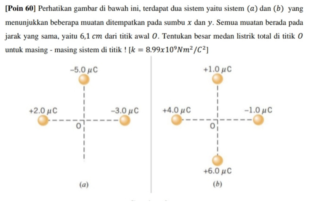 [Poin 60] Perhatikan gambar di bawah ini, terdapat dua sistem yaitu sistem (α) dan (b) yang
menunjukkan beberapa muatan ditempatkan pada sumbu x dan y. Semua muatan berada pada
jarak yang sama, yaitu 6,1 cm dari titik awal 0. Tentukan besar medan listrik total di titik 0
untuk masing - masing sistem di titik ! [k=8.99x10^9Nm^2/C^2]

(a)